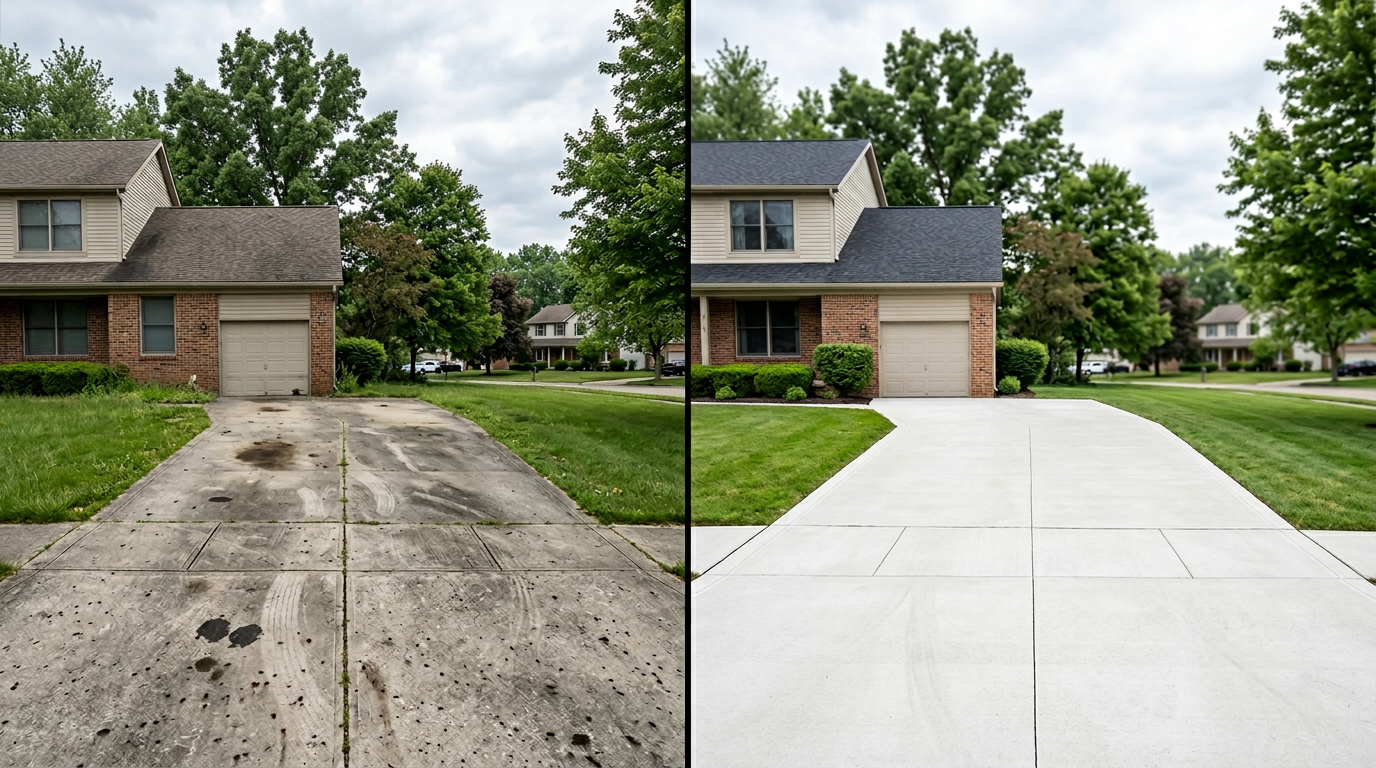 Before and after driveway pressure washing by Water Warriors